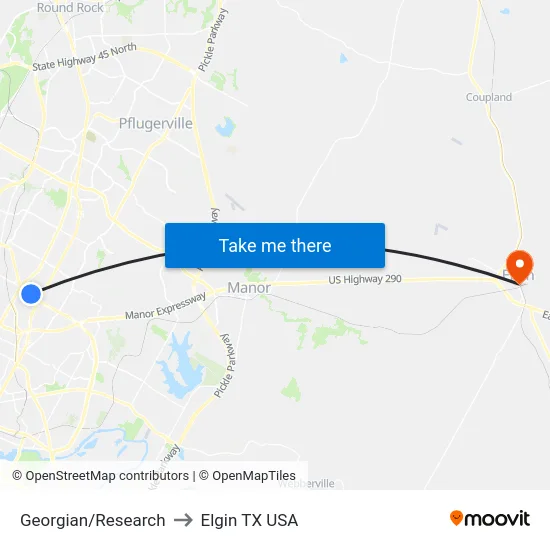 Georgian/Research to Elgin TX USA map