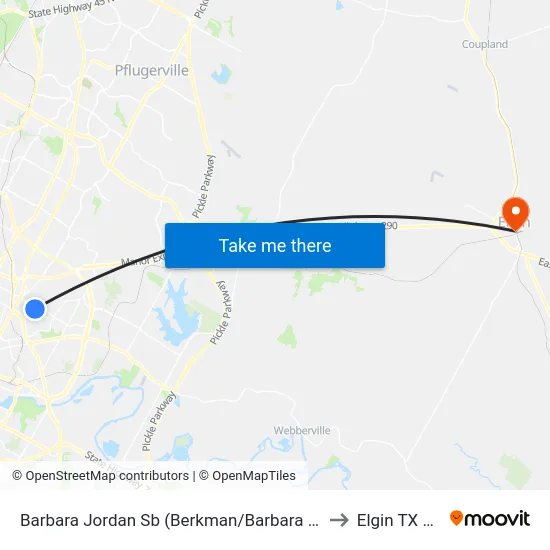 Barbara Jordan Sb (Berkman/Barbara Jordan) to Elgin TX USA map