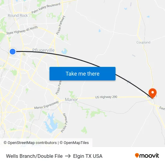 Wells Branch/Double File to Elgin TX USA map