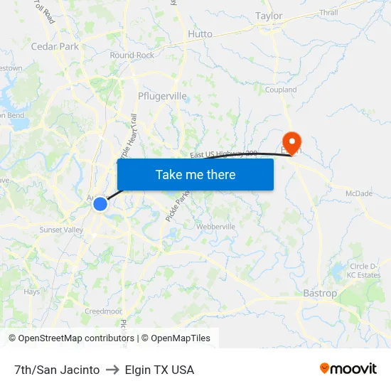 7th/San Jacinto to Elgin TX USA map