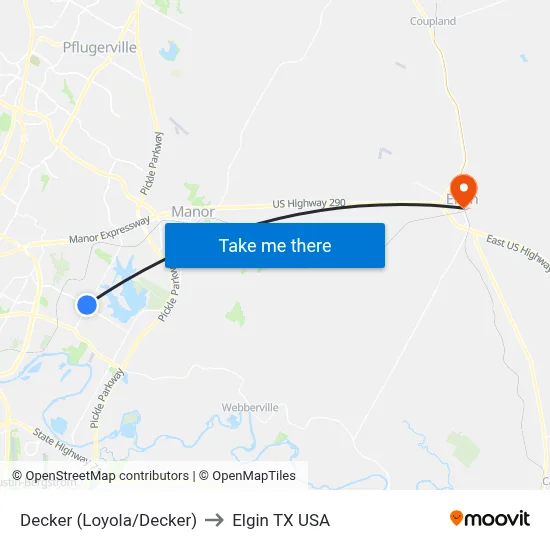 Decker (Loyola/Decker) to Elgin TX USA map