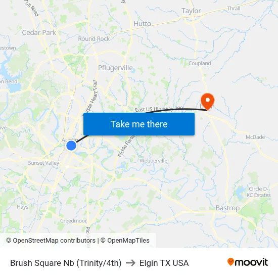 Brush Square Nb (Trinity/4th) to Elgin TX USA map