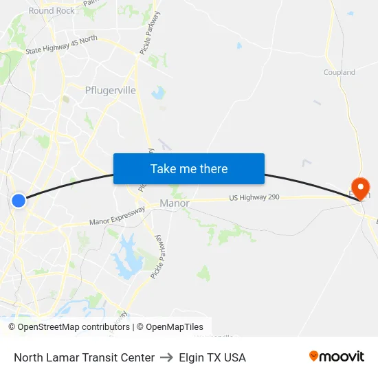North Lamar Transit Center to Elgin TX USA map