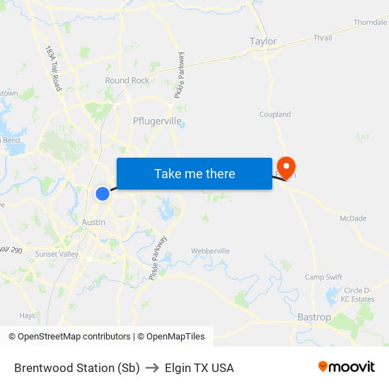 Brentwood Station (Sb) to Elgin TX USA map