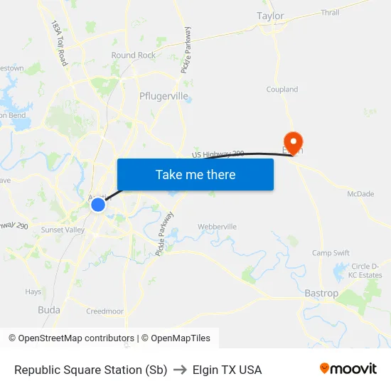 Republic Square Station (Sb) to Elgin TX USA map