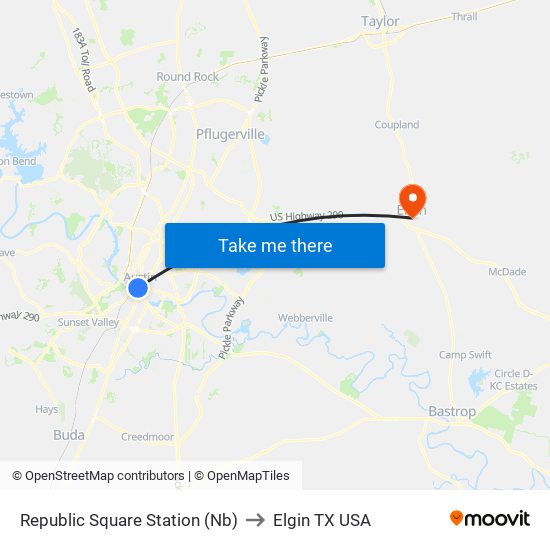 Republic Square Station (Nb) to Elgin TX USA map