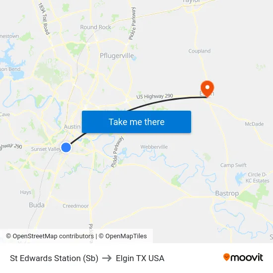 St Edwards Station (Sb) to Elgin TX USA map