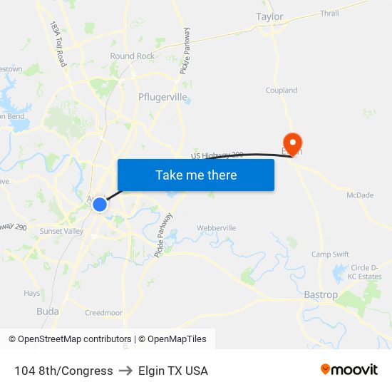 104 8th/Congress to Elgin TX USA map