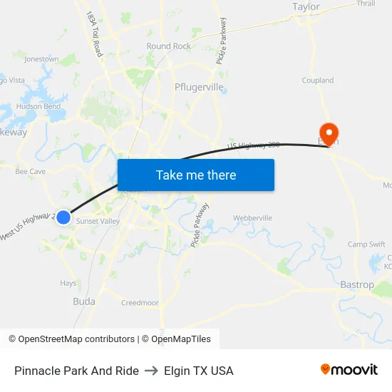 Pinnacle Park And Ride to Elgin TX USA map