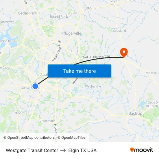 Westgate Transit Center to Elgin TX USA map