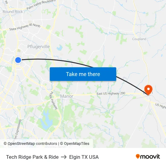 Tech Ridge Park & Ride to Elgin TX USA map