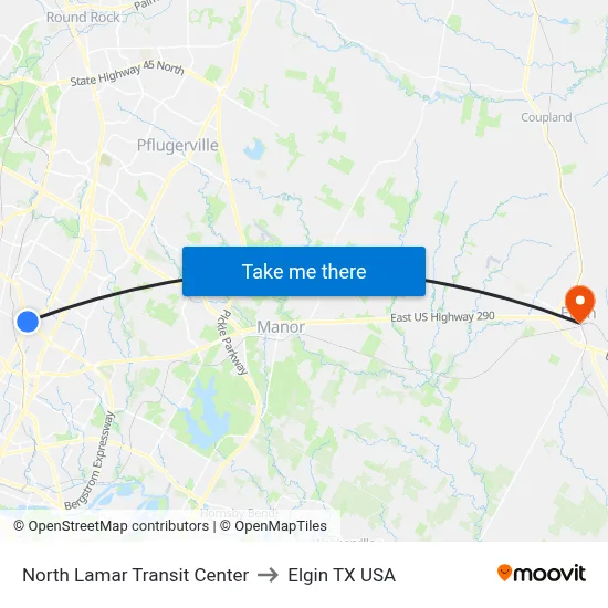 North Lamar Transit Center to Elgin TX USA map
