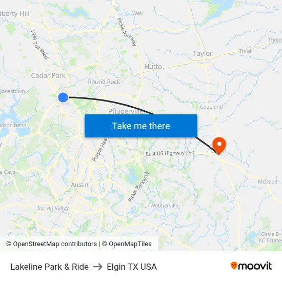 Lakeline Park & Ride to Elgin TX USA map