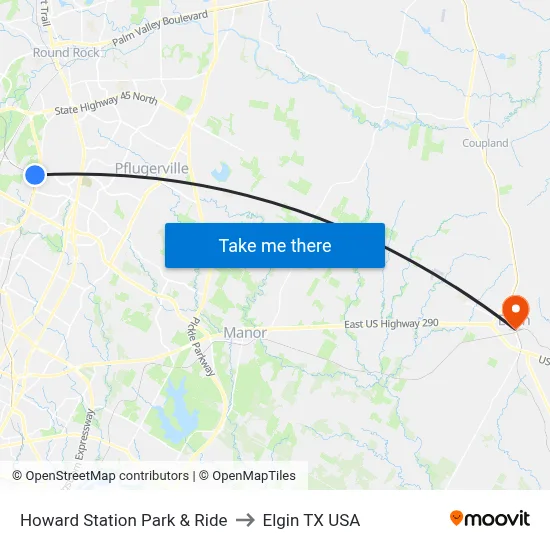 Howard Station Park & Ride to Elgin TX USA map