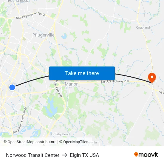Norwood Transit Center to Elgin TX USA map