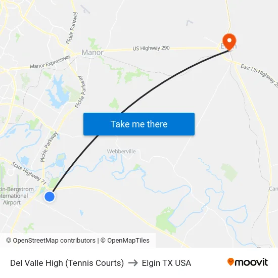 Del Valle High (Tennis Courts) to Elgin TX USA map