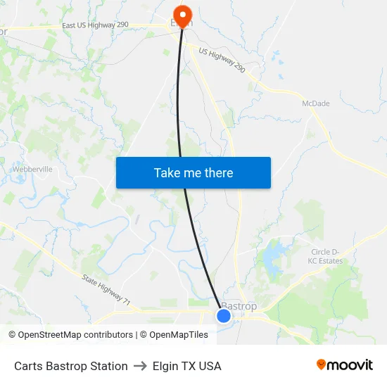 Carts Bastrop Station to Elgin TX USA map