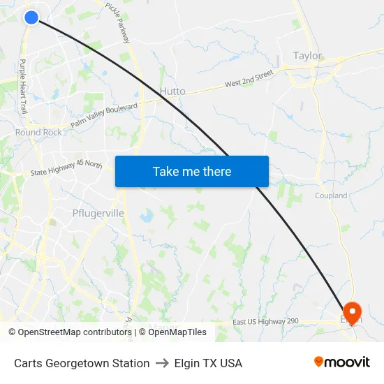 Carts Georgetown Station to Elgin TX USA map
