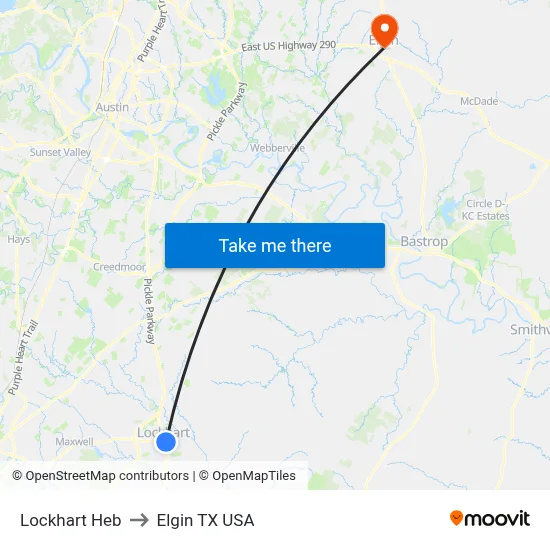 Lockhart Heb to Elgin TX USA map