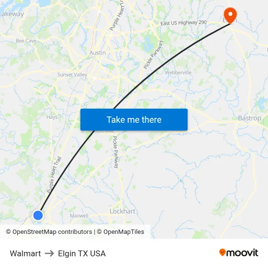 Walmart to Elgin TX USA map