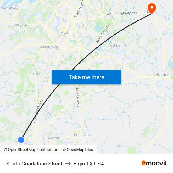 South Guadalupe Street to Elgin TX USA map