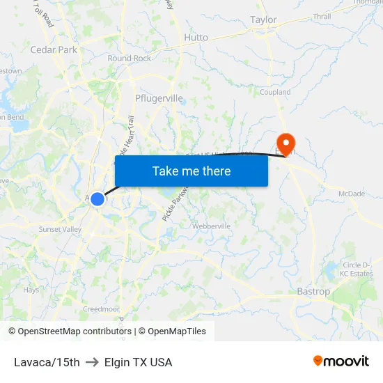 Lavaca/15th to Elgin TX USA map