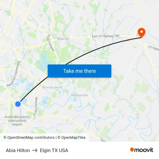 Abia Hilton to Elgin TX USA map