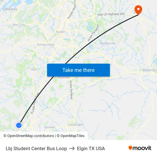 Lbj Student Center Bus Loop to Elgin TX USA map