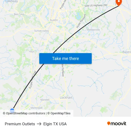 Premium Outlets to Elgin TX USA map