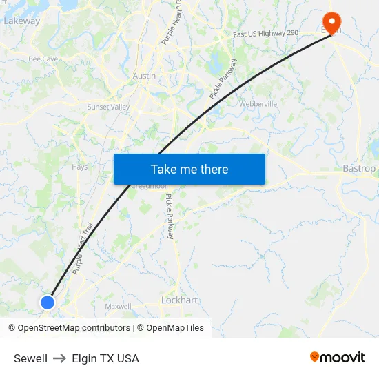 Sewell to Elgin TX USA map