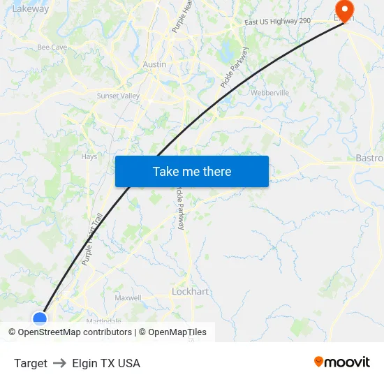 Target to Elgin TX USA map