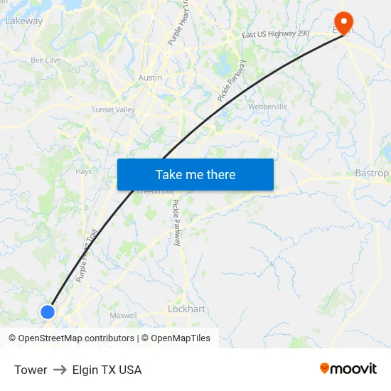 Tower to Elgin TX USA map