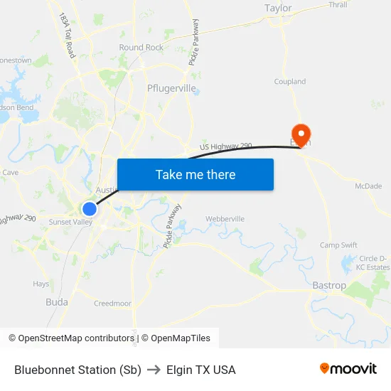 Bluebonnet Station (Sb) to Elgin TX USA map