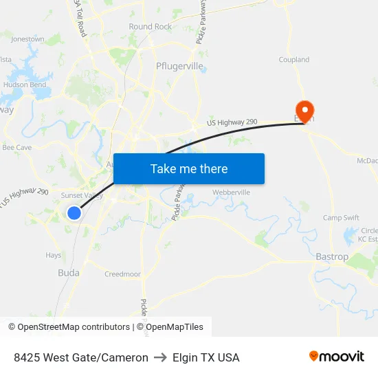 8425 West Gate/Cameron to Elgin TX USA map