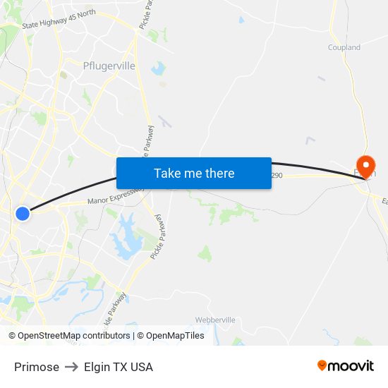 Primose to Elgin TX USA map