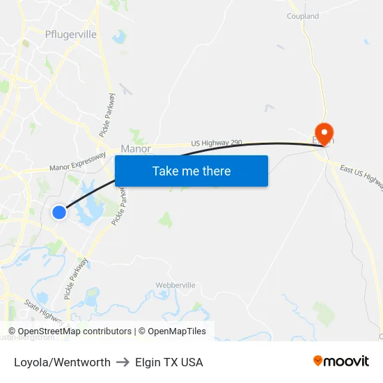 Loyola/Wentworth to Elgin TX USA map