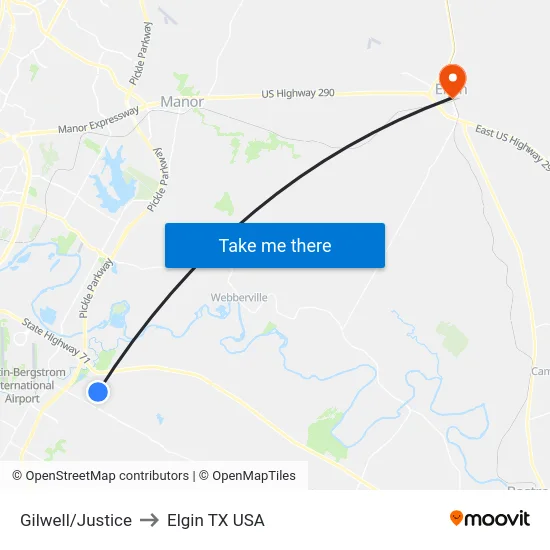 Gilwell/Justice to Elgin TX USA map
