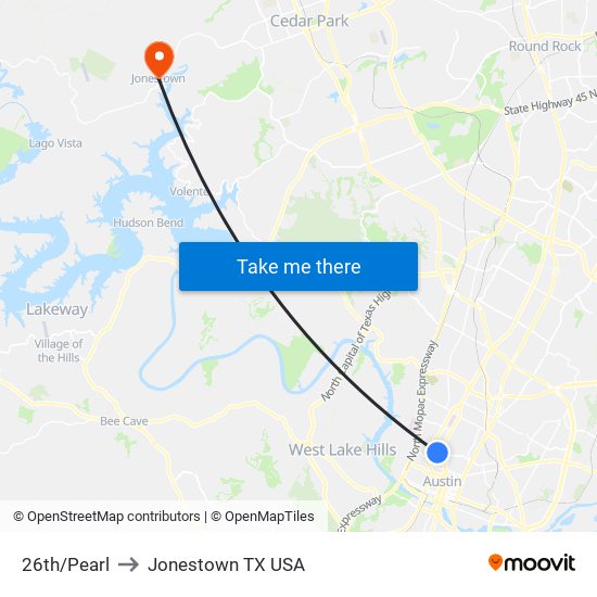 26th/Pearl to Jonestown TX USA map