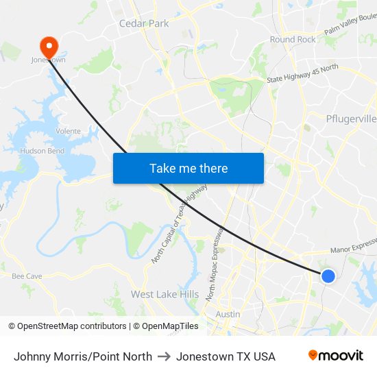 Johnny Morris/Point North to Jonestown TX USA map