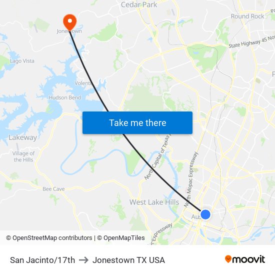 San Jacinto/17th to Jonestown TX USA map