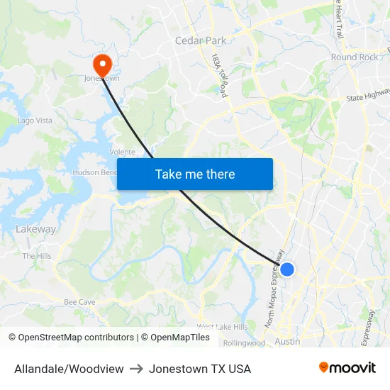 Allandale/Woodview to Jonestown TX USA map