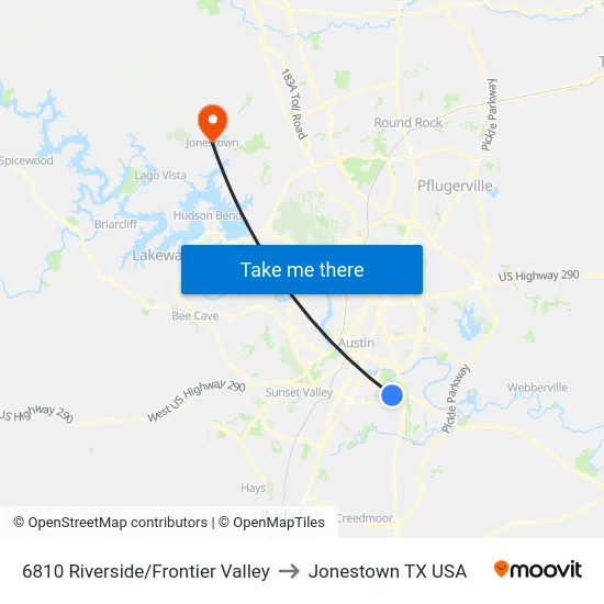 6810 Riverside/Frontier Valley to Jonestown TX USA map