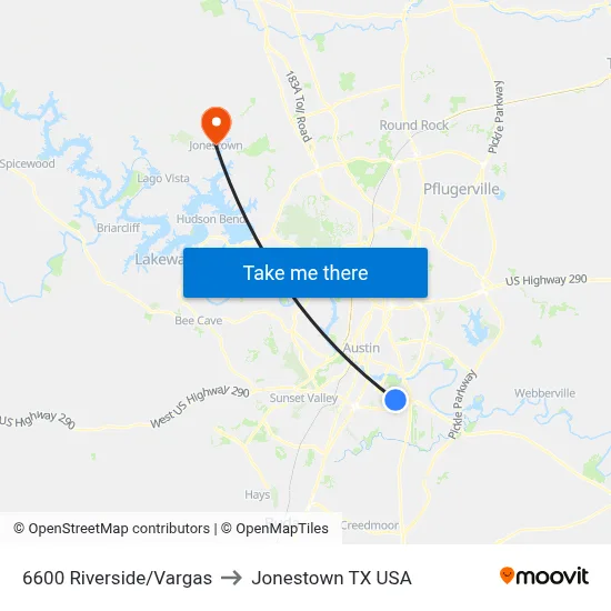 6600 Riverside/Vargas to Jonestown TX USA map