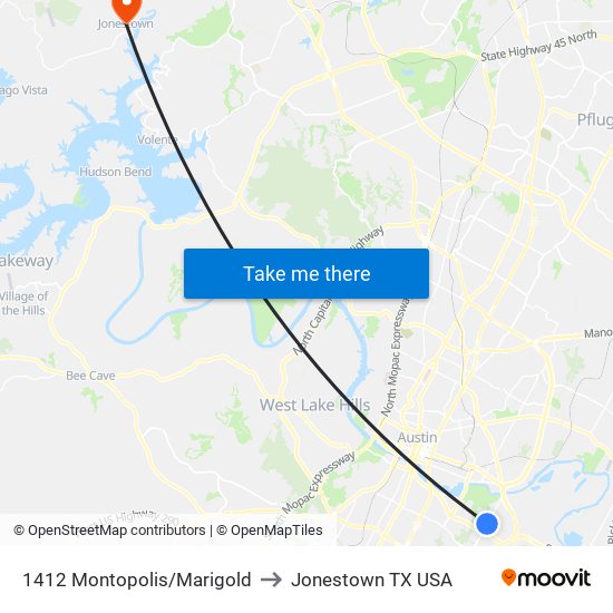 1412 Montopolis/Marigold to Jonestown TX USA map