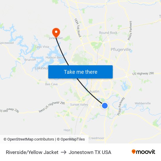 Riverside/Yellow Jacket to Jonestown TX USA map