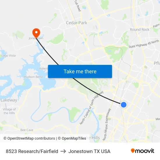 8523 Research/Fairfield to Jonestown TX USA map