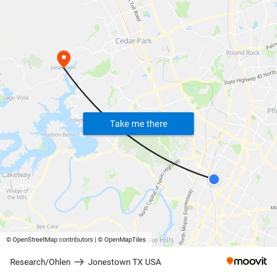 Research/Ohlen to Jonestown TX USA map