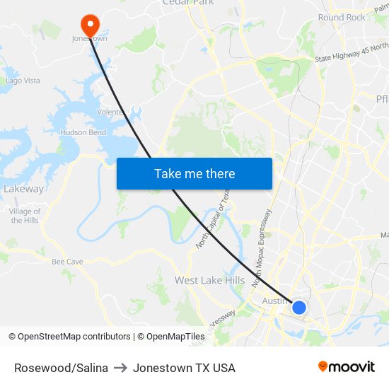 Rosewood/Salina to Jonestown TX USA map