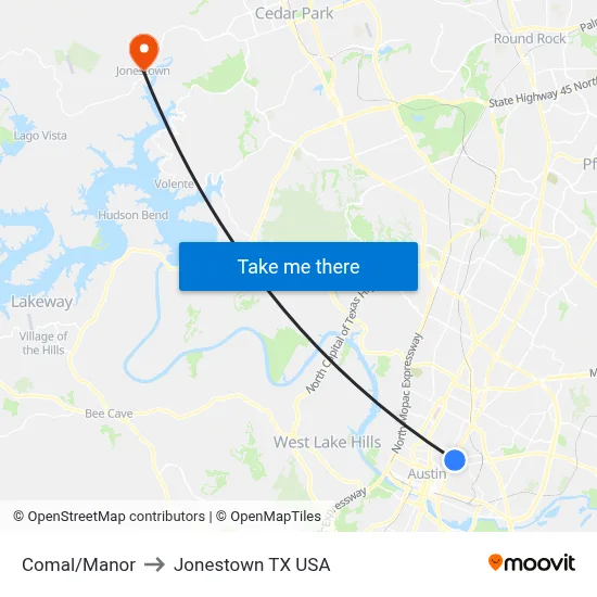 Comal/Manor to Jonestown TX USA map