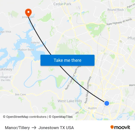 Manor/Tillery to Jonestown TX USA map